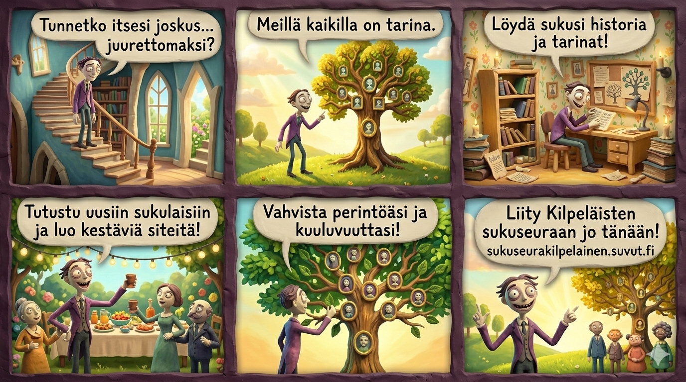 Kuuden ruudun sarjakuva omien juurien löytämisestä, sukututkimuksesta ja Kilpeläisten sukuseuraan liittymisestä.